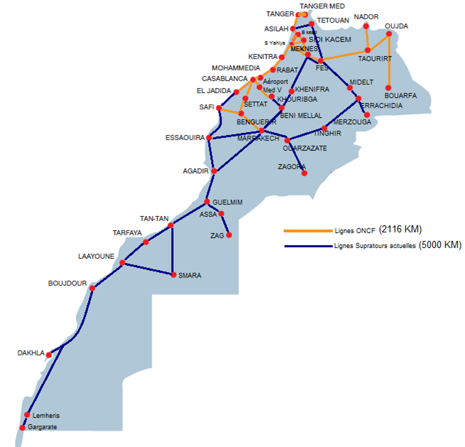 ONCF and Supratours network map of Morocco